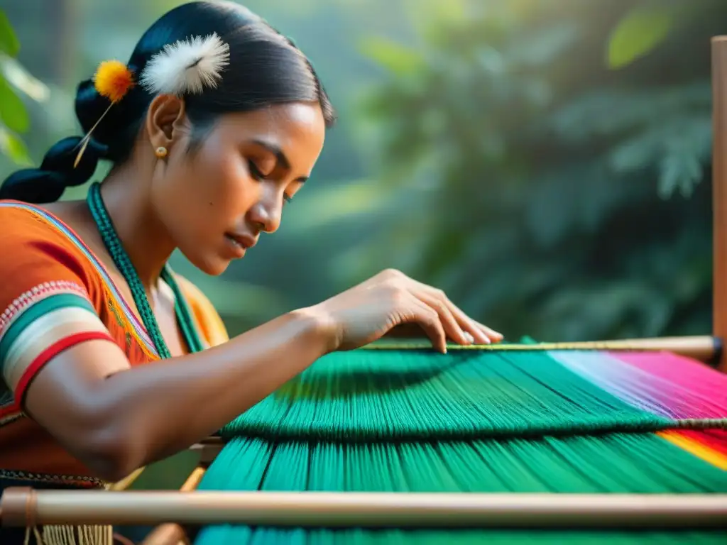 Una mujer indígena teje una colorida tela en telar tradicional en medio de la naturaleza