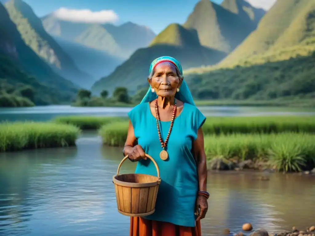 Mujer indígena sostiene cubo de agua clara en río