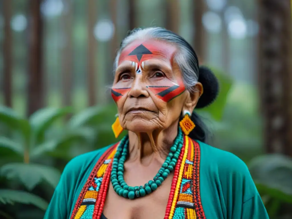 Empoderamiento indígena: mujer sabia frente a la naturaleza Mujer indígena empoderada en la selva, reflejando la lucha por los derechos reproductivos