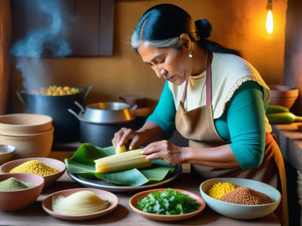 Una mujer indígena experta elaborando tamales y humitas en una cocina rústica llena de ingredientes coloridos, resaltando tradiciones culinarias de las culturas indígenas américas