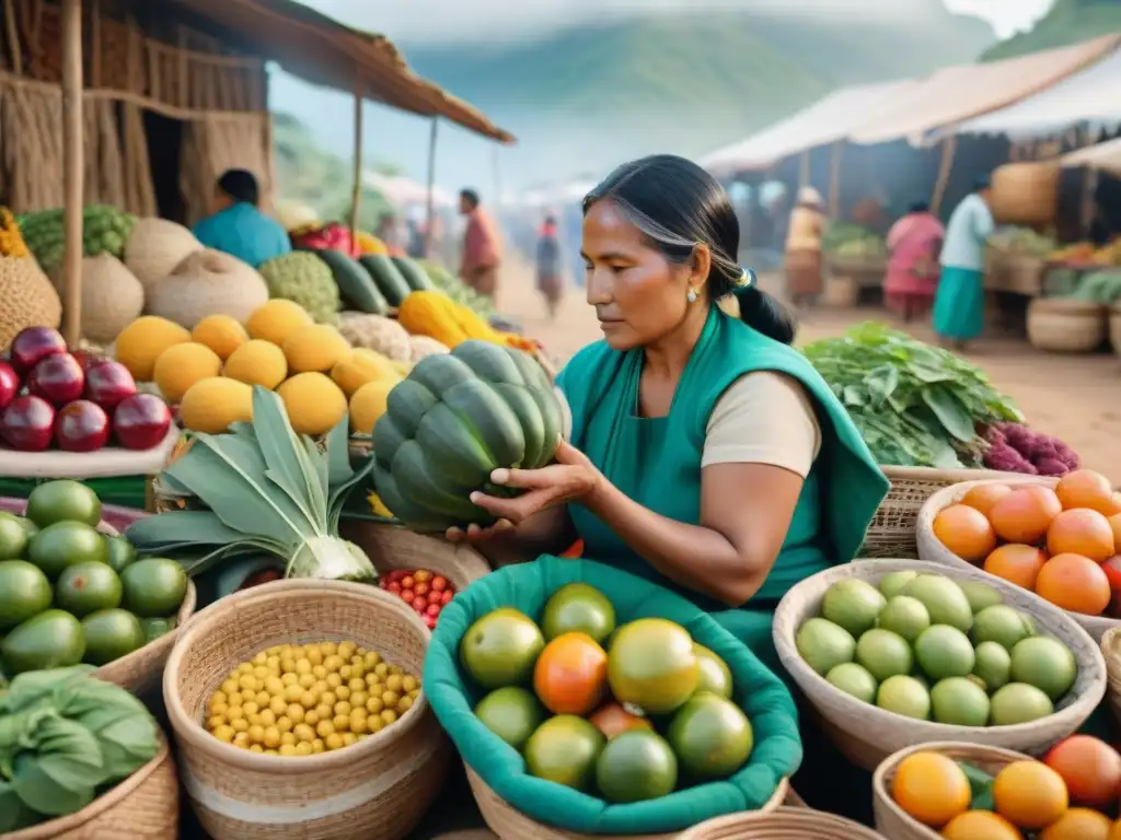 Una mujer indígena elige frutas frescas en un bullicioso mercado lleno de colores y artesanías