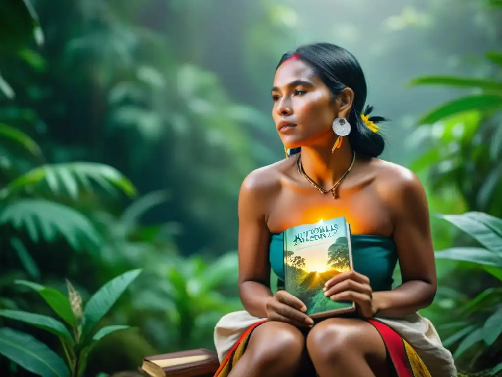 Una mujer indígena leyendo 'Historias Ancestrales' en la selva