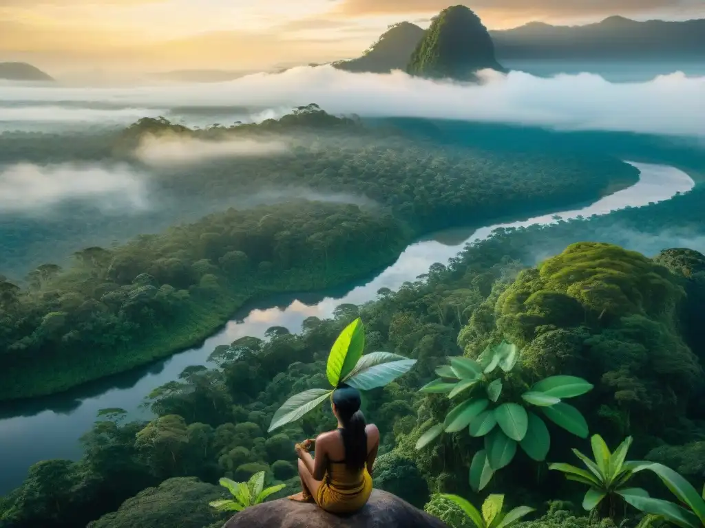 Una mujer indígena Kichwa sostiene una hoja de guayusa al amanecer en la exuberante selva amazónica, reflejando leyendas amazónicas indígenas