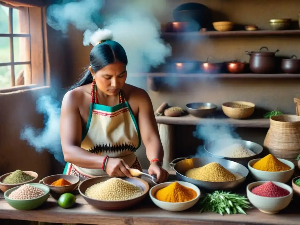 Una mujer indígena preparando ingredientes en una cocina rústica, destacando la Gastronomía indígena de América