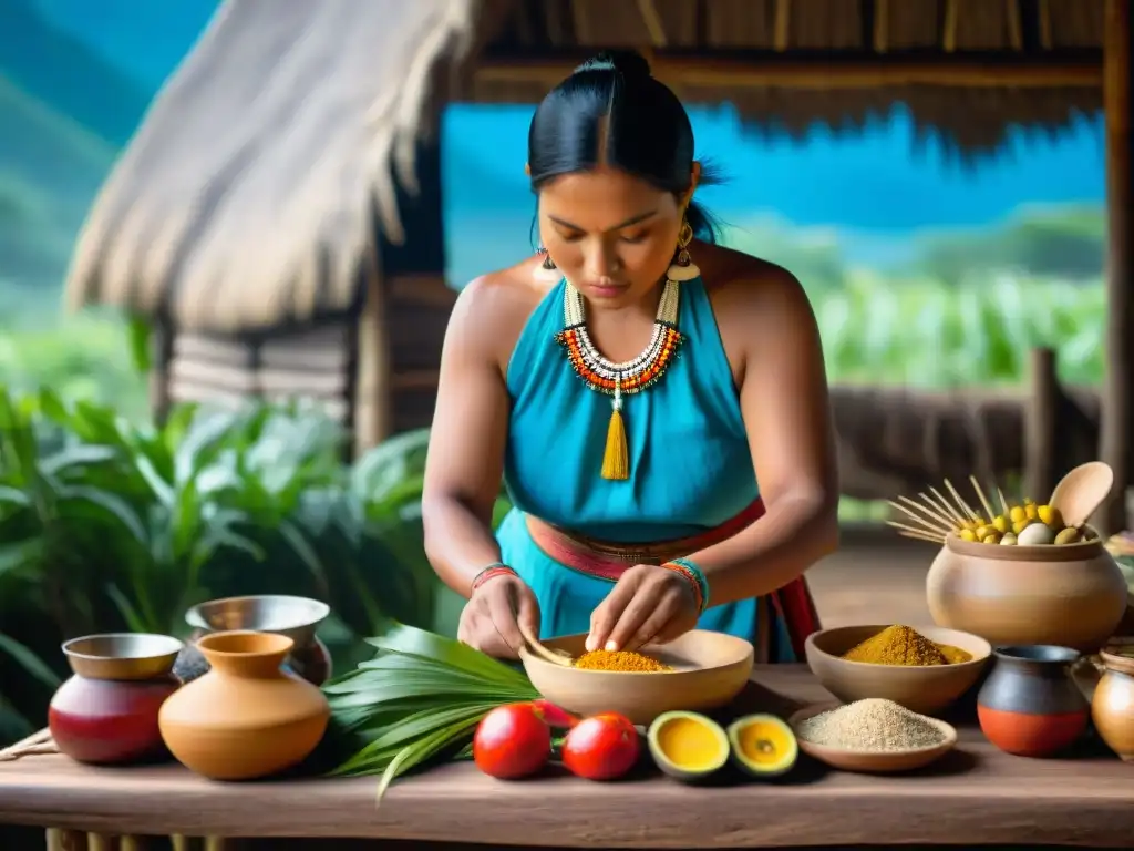 Una mujer indígena preparando ingredientes nativos en una mesa rústica, destacando la herencia culinaria indígena