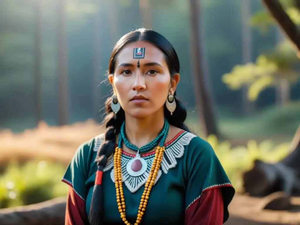 Una mujer indígena Mapuche, con determinación y colores vibrantes, rodeada de un bosque y raíces