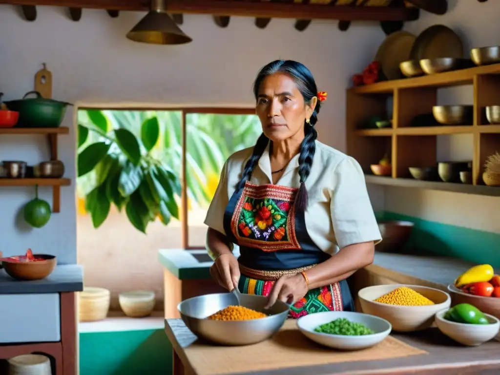 Una mujer indígena maya preparando platillo tradicional en cocina yucateca