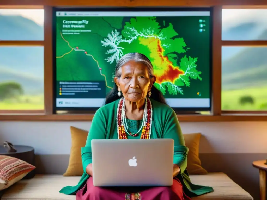 Mujer indígena mayor, con atuendo tradicional, usando tecnología para la gestión de tierras indígenas