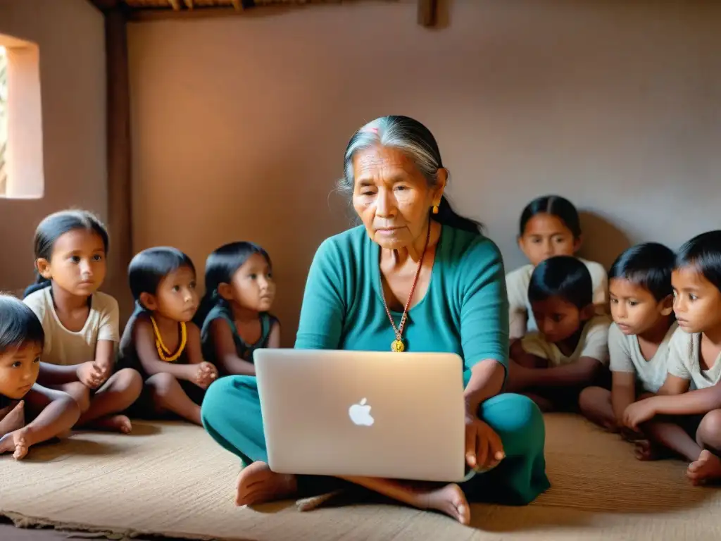 Una mujer indígena mayor enseña alfabetización digital a niños en una choza iluminada por la pantalla de un portátil