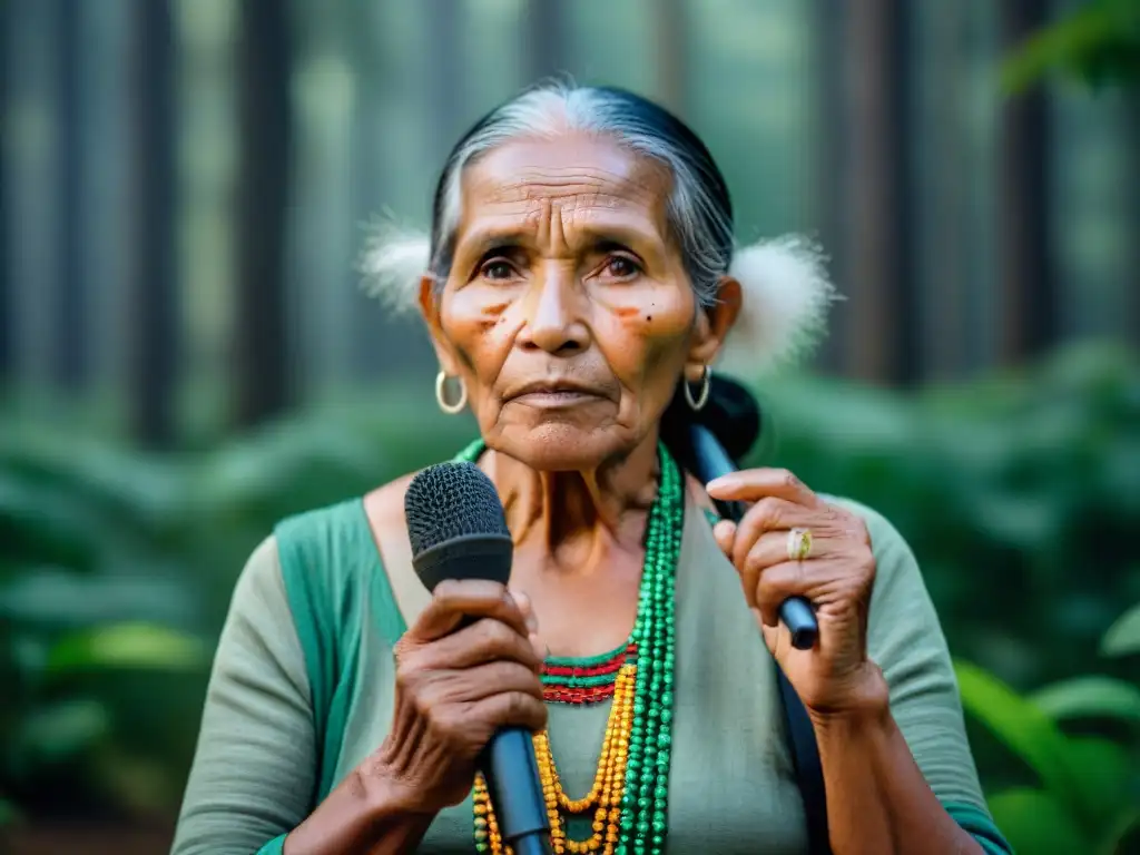 Una mujer indígena mayor con manos curtidas sostiene un micrófono, su rostro refleja sabiduría y resiliencia, con un bosque verde de fondo