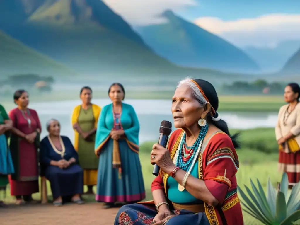 Una mujer indígena mayor habla con pasión ante grupo diverso al aire libre en proyecto de revitalización lingüística con apoyo internacional