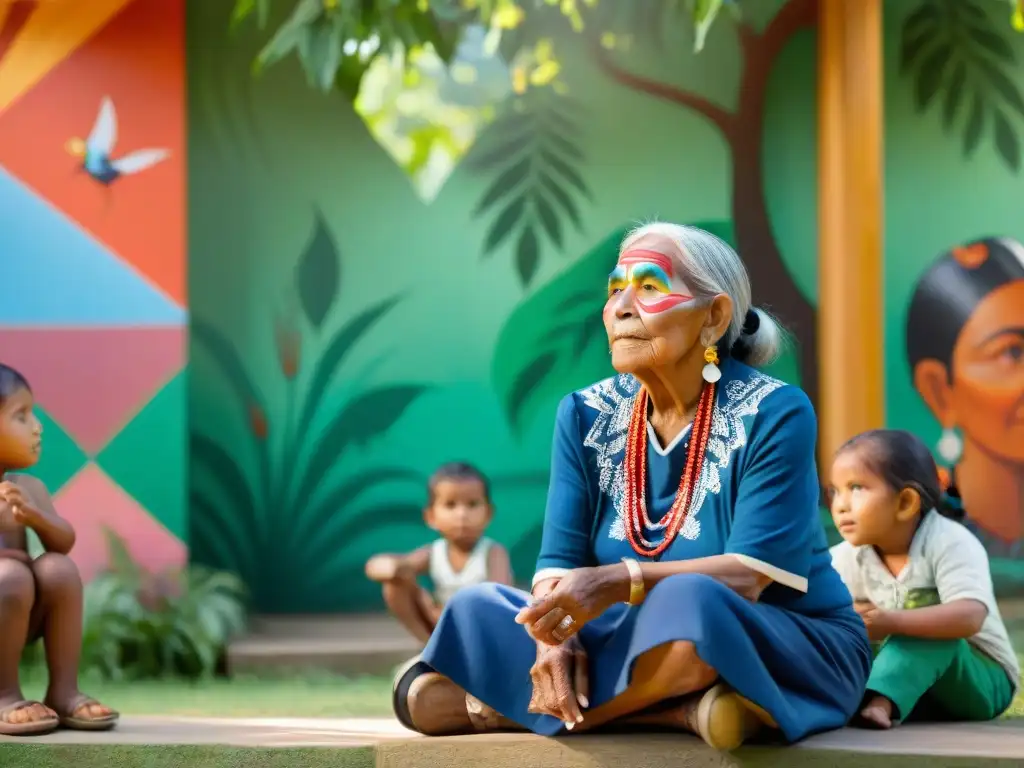 Una mujer indígena mayor con pintura facial tradicional conversa con niños en un claro soleado, rodeada de vegetación exuberante y un mural vibrante