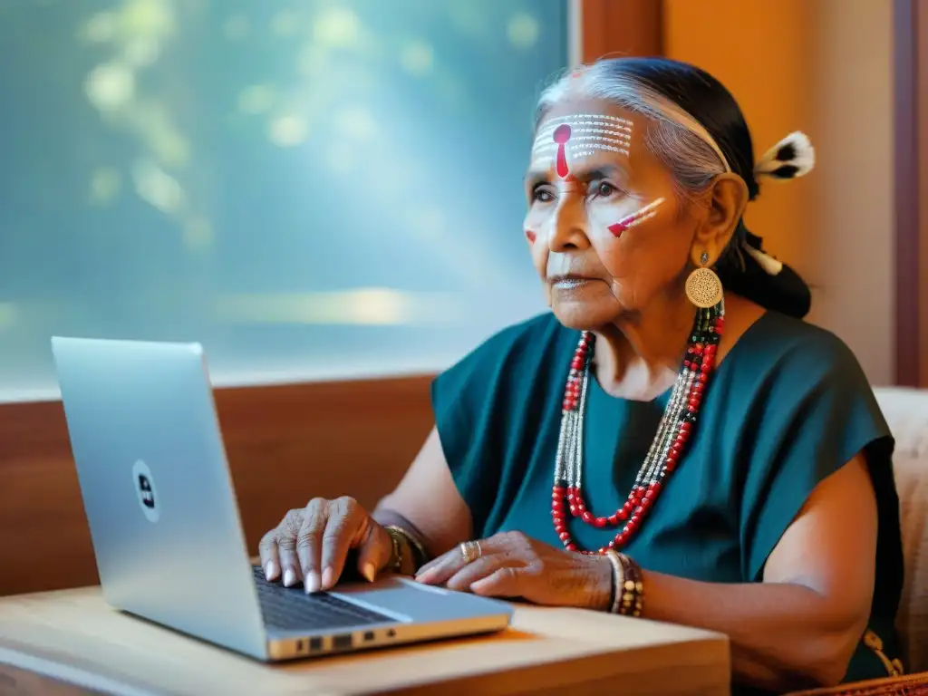 Una mujer indígena mayor con pintura facial y atuendo tradicional, frente a una laptop con código en idioma indígena