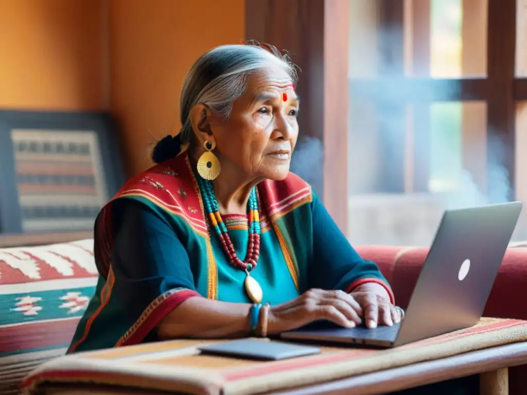 Mujer indígena mayor usando plataformas elearning en hogar tradicional acogedor