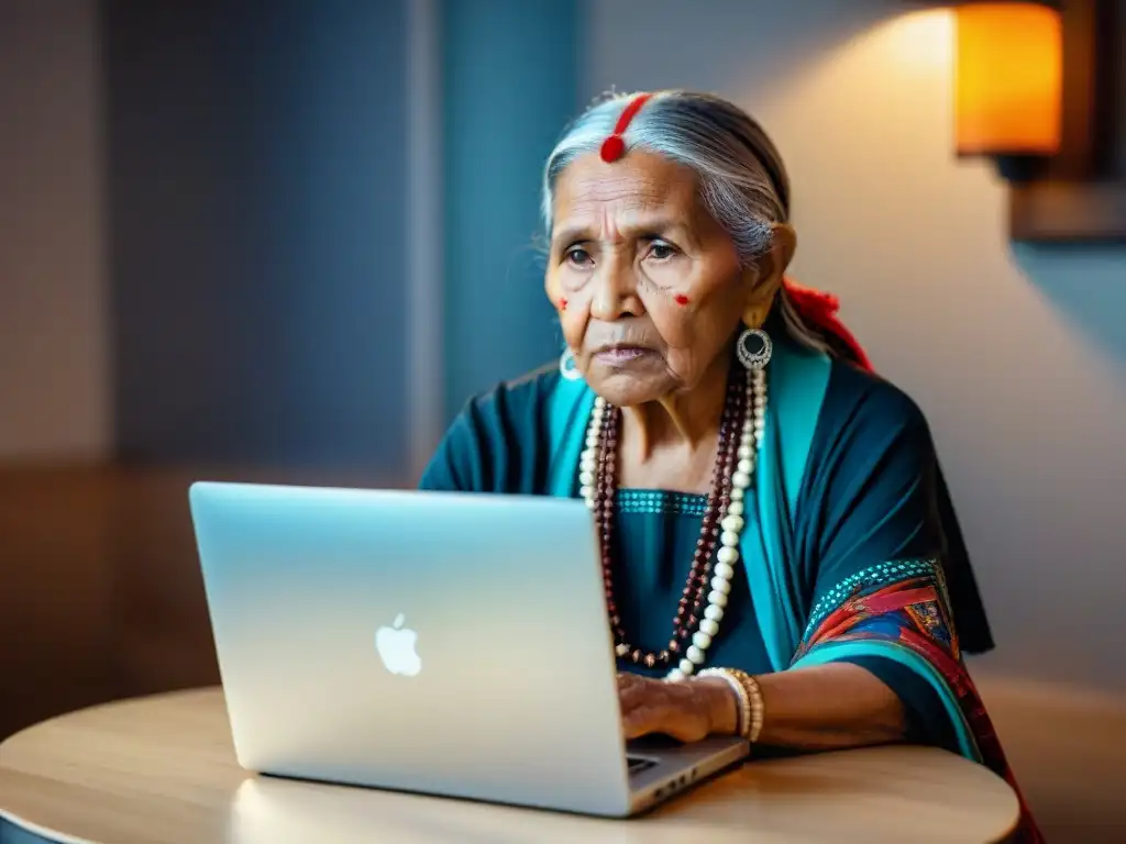 Mujer indígena mayor usando redes sociales para revitalización de lenguas indígenas