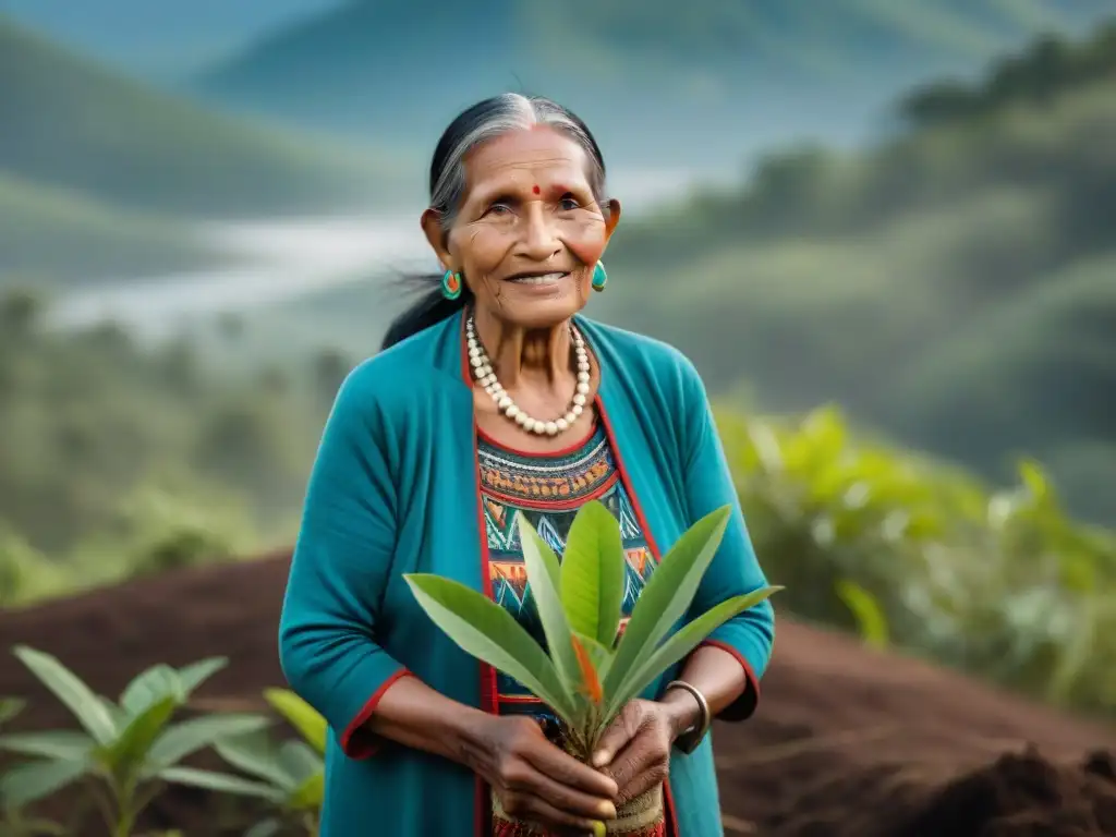 Una mujer indígena mayor sonriendo, rodeada de naturaleza exuberante