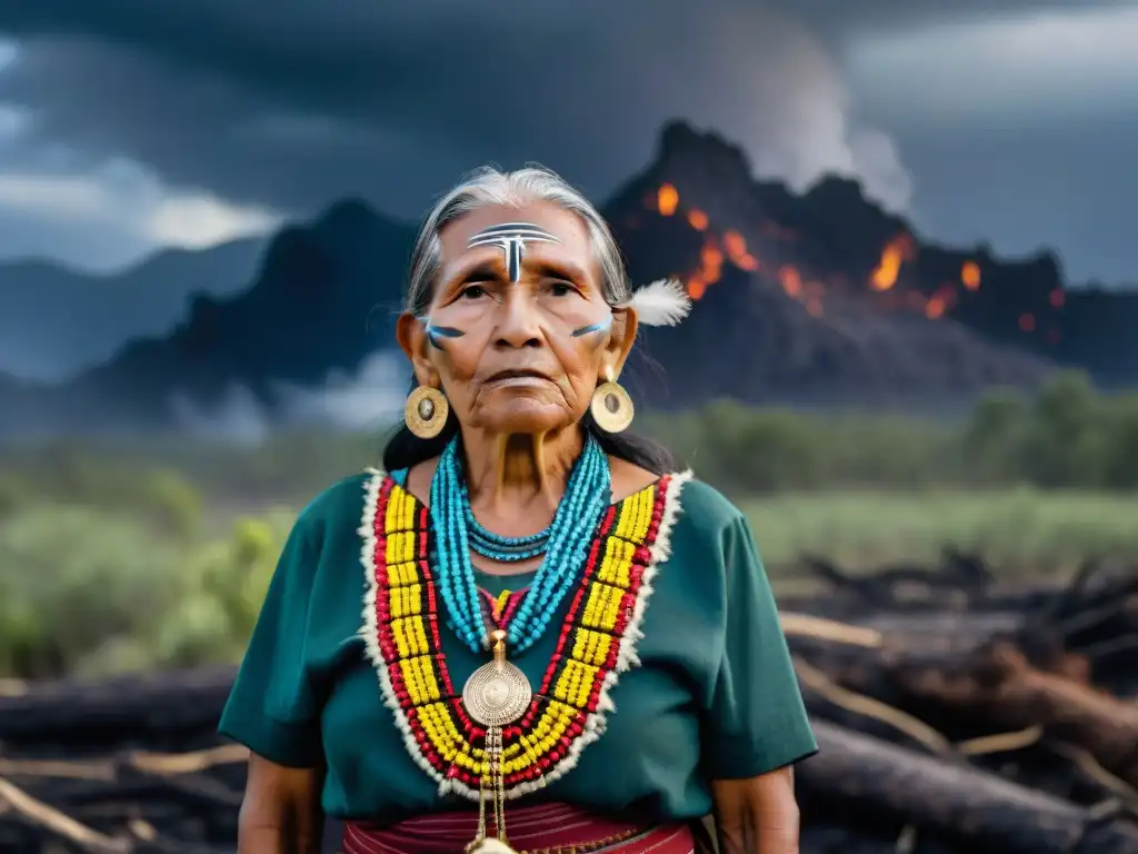 Una mujer indígena mayor refleja sabiduría y resiliencia ante desastre natural, preservación cultural indígena ante eventos climáticos