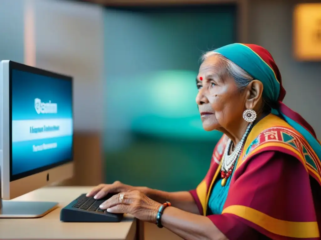 Mujer indígena mayor estudia tecnología para preservación de lenguas indígenas en ambiente culturalmente rico