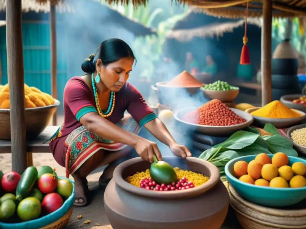 Una mujer indígena en un mercado al aire libre en América Central, rodeada de frutas, verduras y especias locales, preparando una receta tradicional