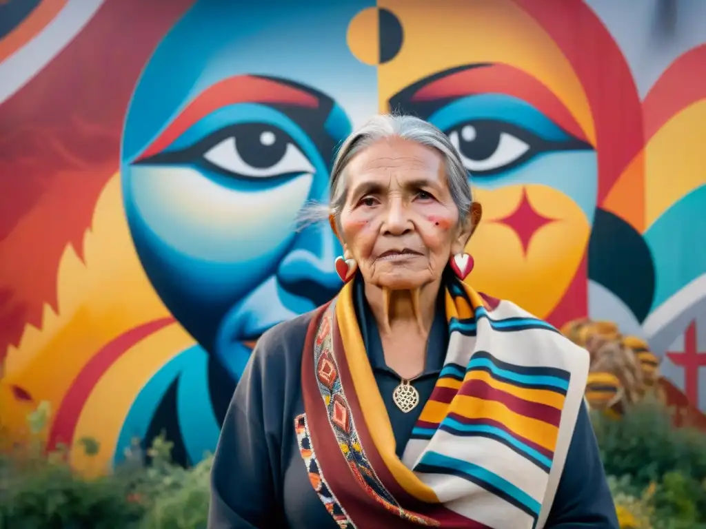 Una mujer indígena orgullosa frente a un mural vibrante que refleja la lucha contra la violencia de género en su comunidad