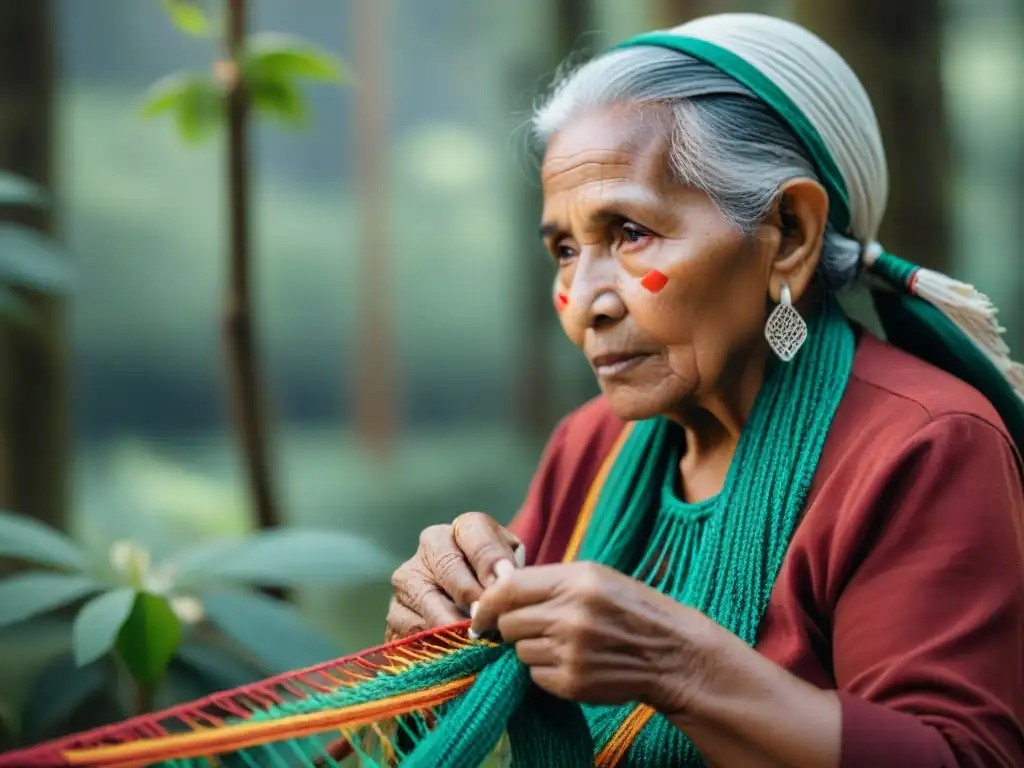 Una mujer indígena tejiendo un patrón tradicional con colores vibrantes, resaltando la importancia de idiomas indígenas en la preservación cultural