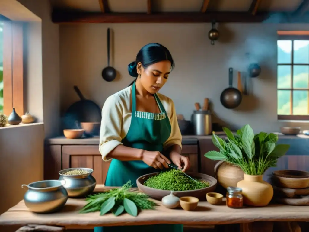 Mujer indígena preparando plantas medicinales en la cocina