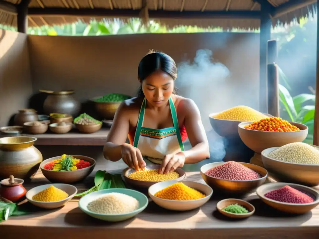 Una mujer indígena preparando platillos emblemáticos rodeada de ingredientes ancestrales