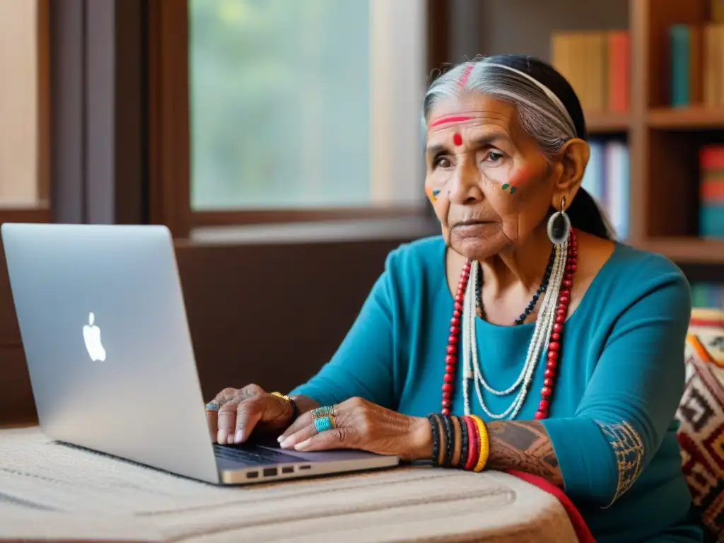 Mujer indígena grabando podcast en su idioma nativo, fusionando tradición y tecnología