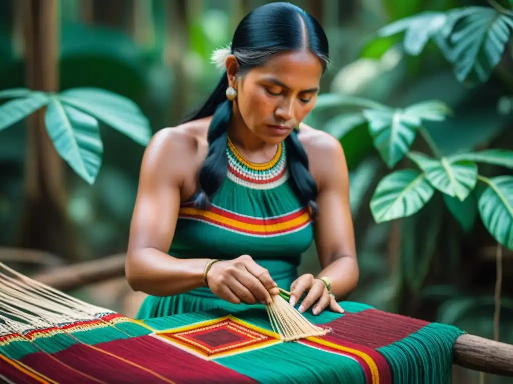 Una mujer indígena de la selva amazónica tejiendo un patrón colorido con fibras naturales, rodeada de exuberante vegetación