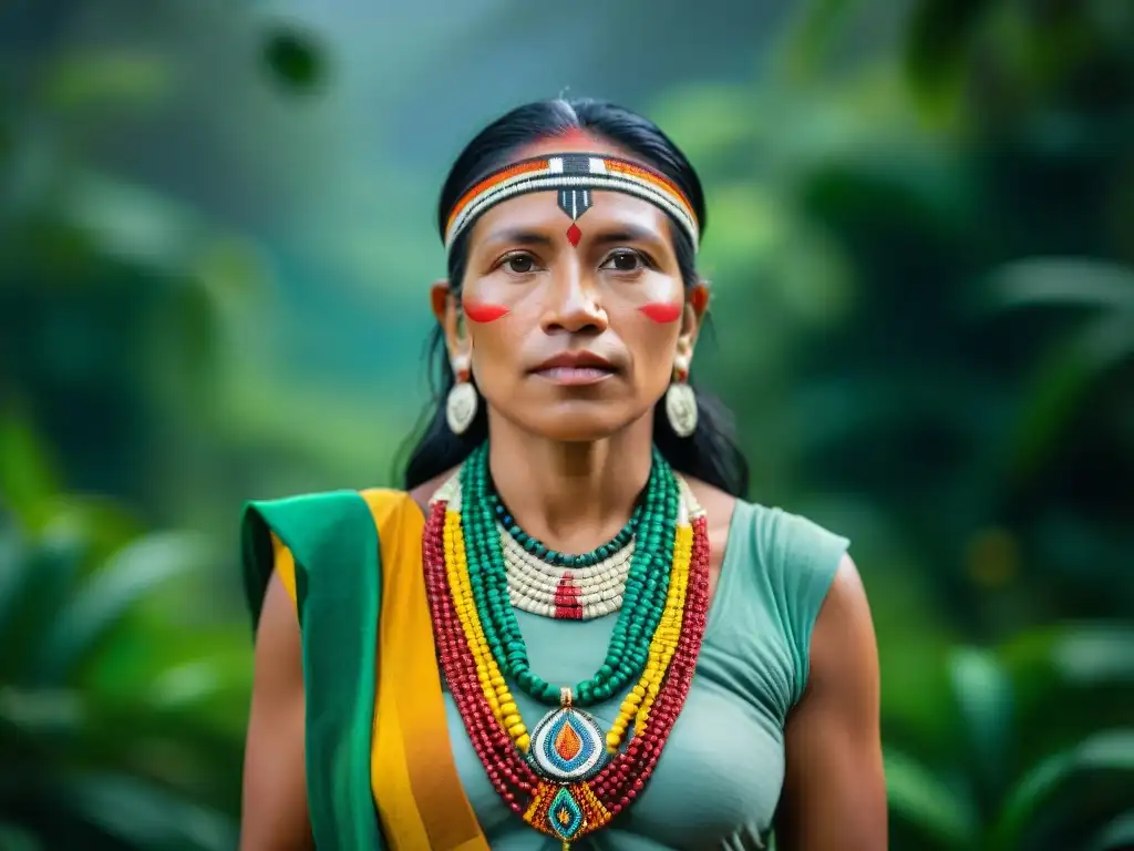 Mujer líder indígena en la selva amazónica, con atuendo tradicional colorido y expresión serena, representando fuerza y sabiduría