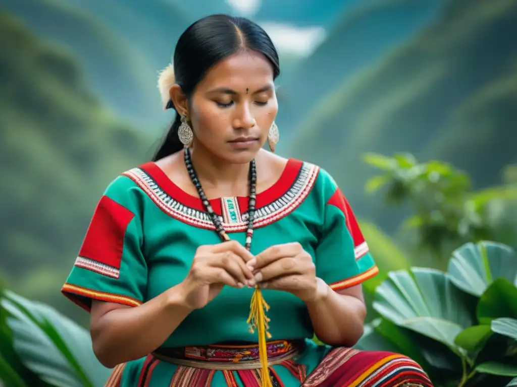 Una mujer indígena ShipiboConibo de la Amazonía peruana bordando una tela con vestimenta tradicional de comunidades amazónicas