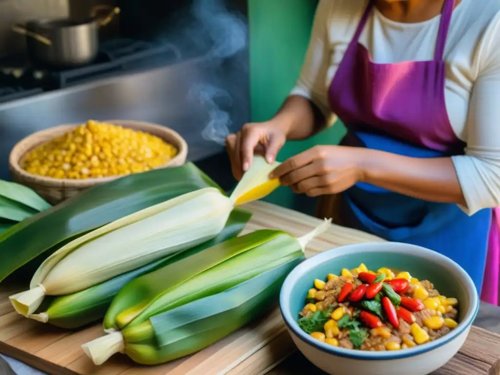 Una mujer indígena preparando tamales y humitas en una cocina rústica, resaltando tradiciones culinarias de culturas indígenas américas