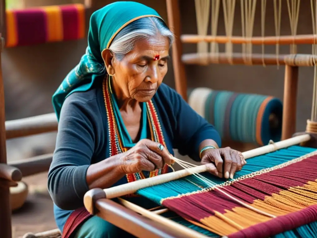 Mujer indígena preservando el tejido tradicional con manos hábiles y colores vibrantes en telar ancestral