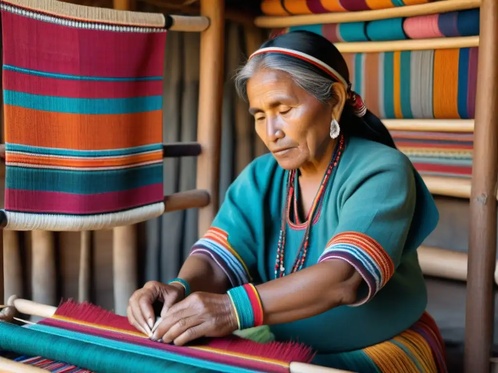 Una mujer indígena de los Andes teje con maestría en un telar tradicional, preservando técnicas de tejido de culturas indígenas