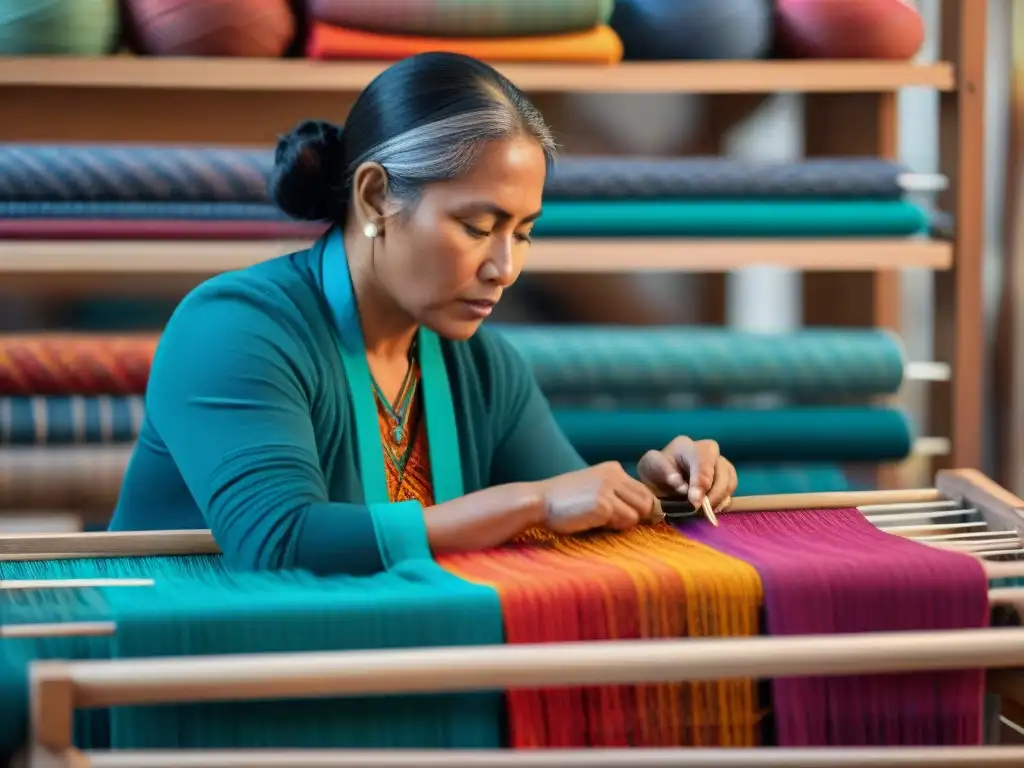 Una mujer indígena preserva la tradición tejiendo un vibrante patrón en tela colorida