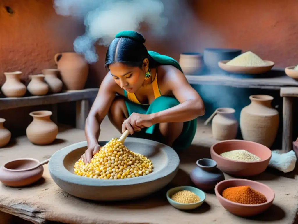 Una mujer indígena tradicional muele maíz en metate, en cocina ancestral llena de energía pinole cultura indígena