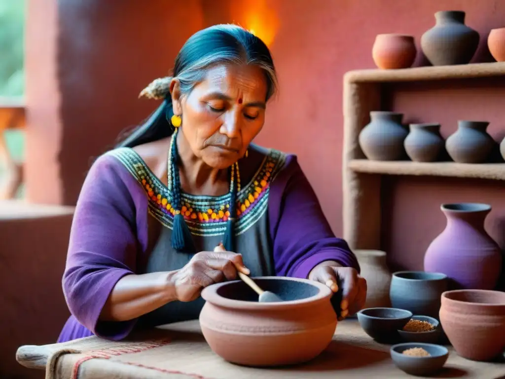 Una mujer indígena tradicional muele maíz morado en un metate antiguo en una cocina rústica, evocando energía ancestral pinole cultura indígena