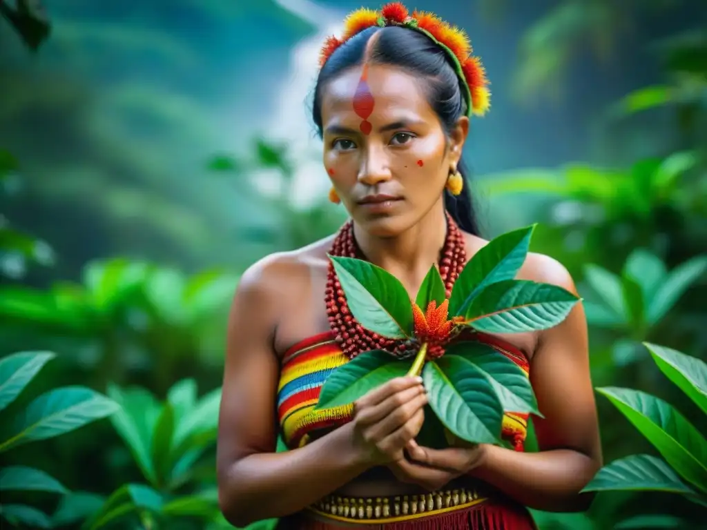 Una mujer indígena tradicional de la región amazónica sostiene una planta de achiote vibrante