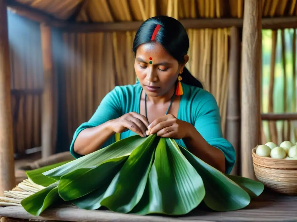 Una mujer indígena envuelve vegetales en hojas de plátano en una cabaña rústica, resaltando técnicas conservación alimentos culturas indígenas