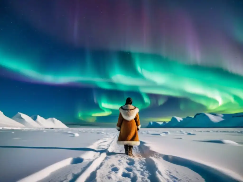 Mujer Inuit en paisaje nevado, creando arte tradicional con determinación y conexión a su cultura Inuit conservación