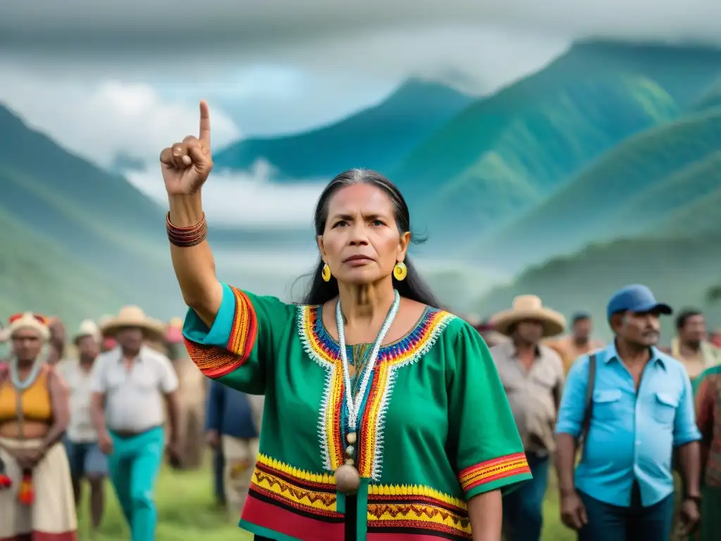 Mujer líder de movimientos indígenas en Colombia, con puño en alto y atuendo tradicional, frente a seguidores y montañas verdes