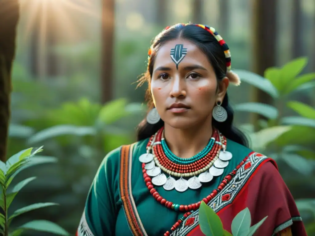 Mujer Mapuche en el bosque con sapling, representa mujeres indígenas en preservación de cultura y biodiversidad