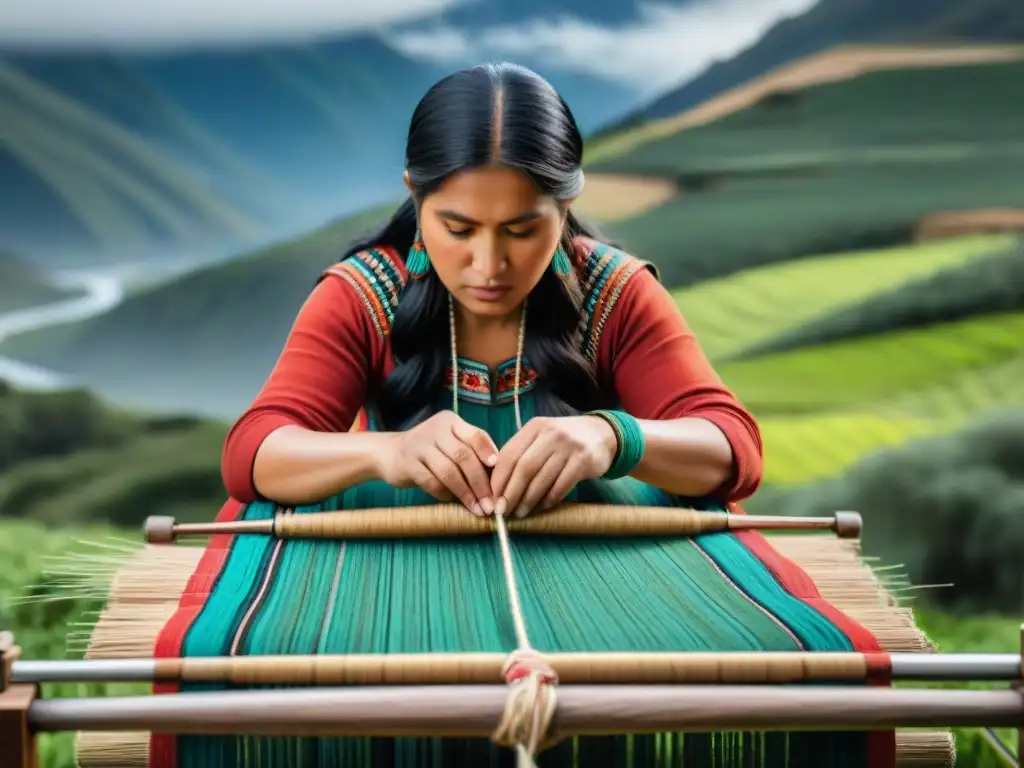 Una mujer Mapuche tejiendo un patrón tradicional con hilos vibrantes, en armonía con la naturaleza chilena