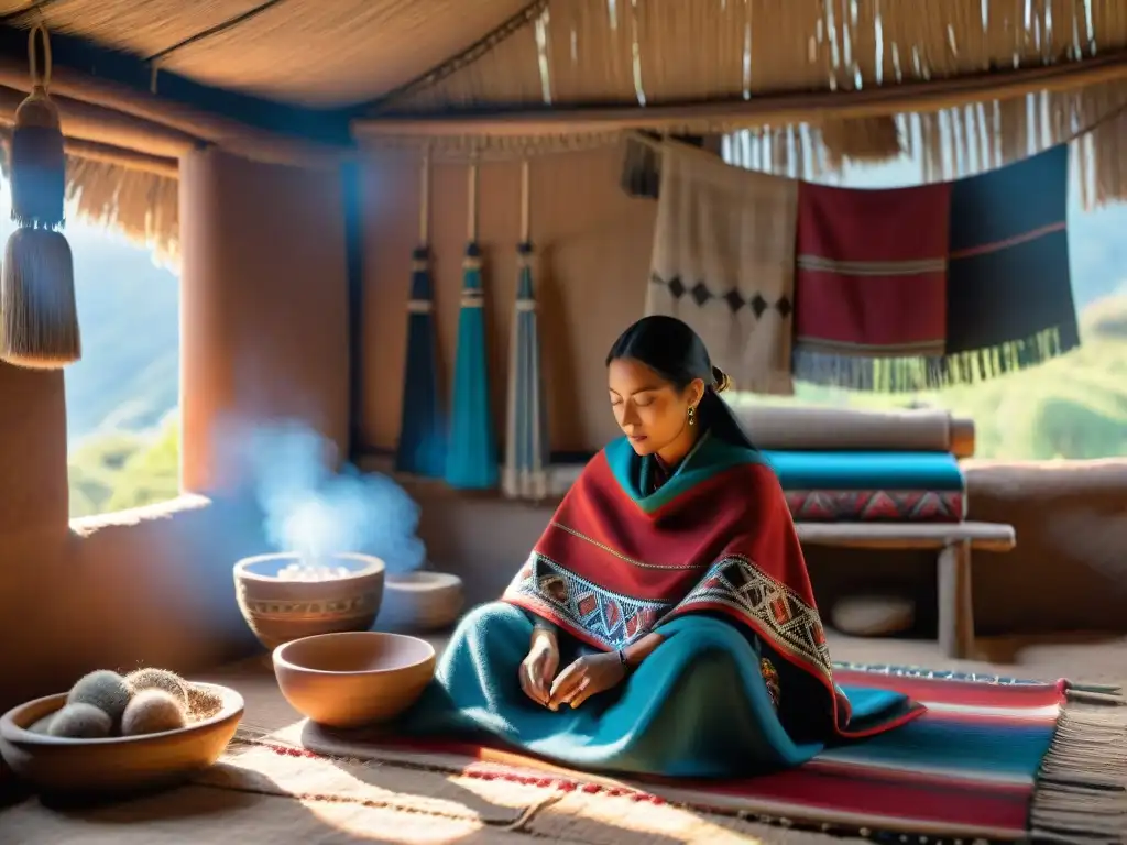 Una mujer Mapuche tejiendo un poncho tradicional en una cálida choza de adobe, rodeada de textiles vibrantes y símbolos ancestrales al atardecer