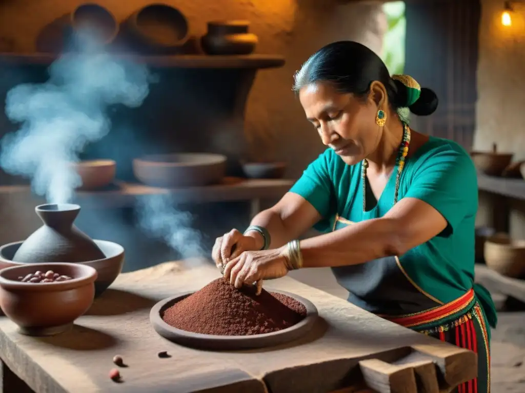 Una mujer maya molieando cacao en un metate para hacer pox