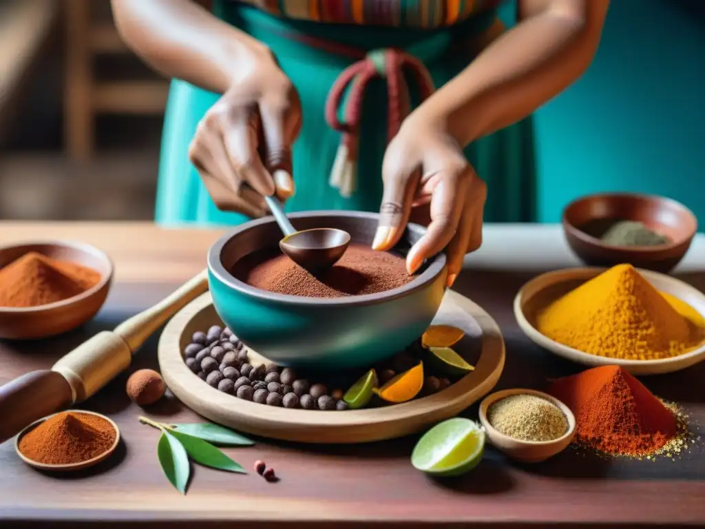 Una mujer maya prepara chocolate caliente con técnicas ancestrales, rodeada de colores y utensilios tradicionales, evocando la historia, cultura y arte indígena