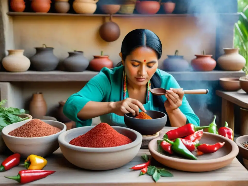 Una mujer maya preparando ingredientes indígenas en cocina rústica