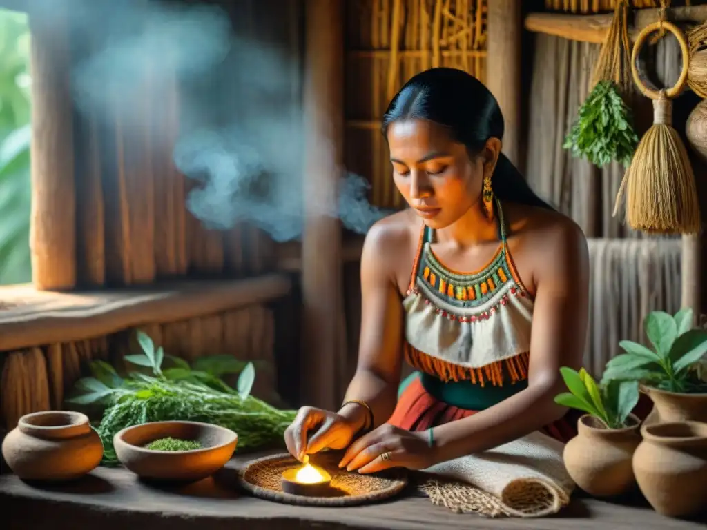 Una mujer maya con manos curtidas prepara una medicina herbal en una cabaña iluminada por la luz solar