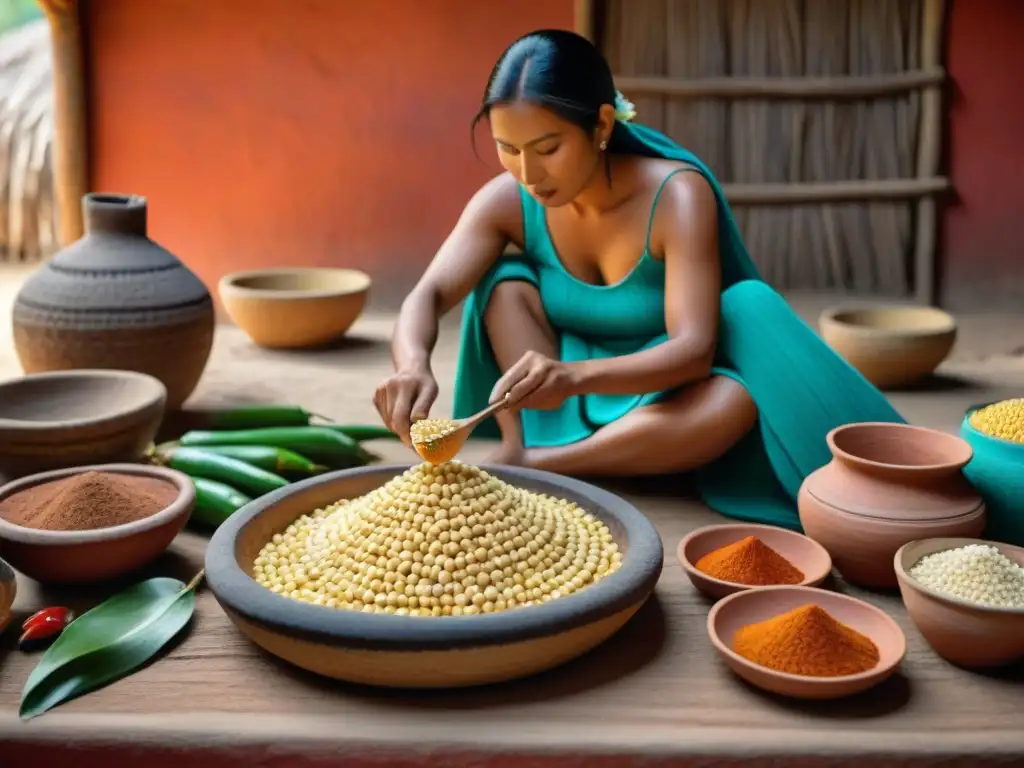 Una mujer maya muele maíz en un metate para hacer tortillas, resaltando la vestimenta tradicional y utensilios antiguos