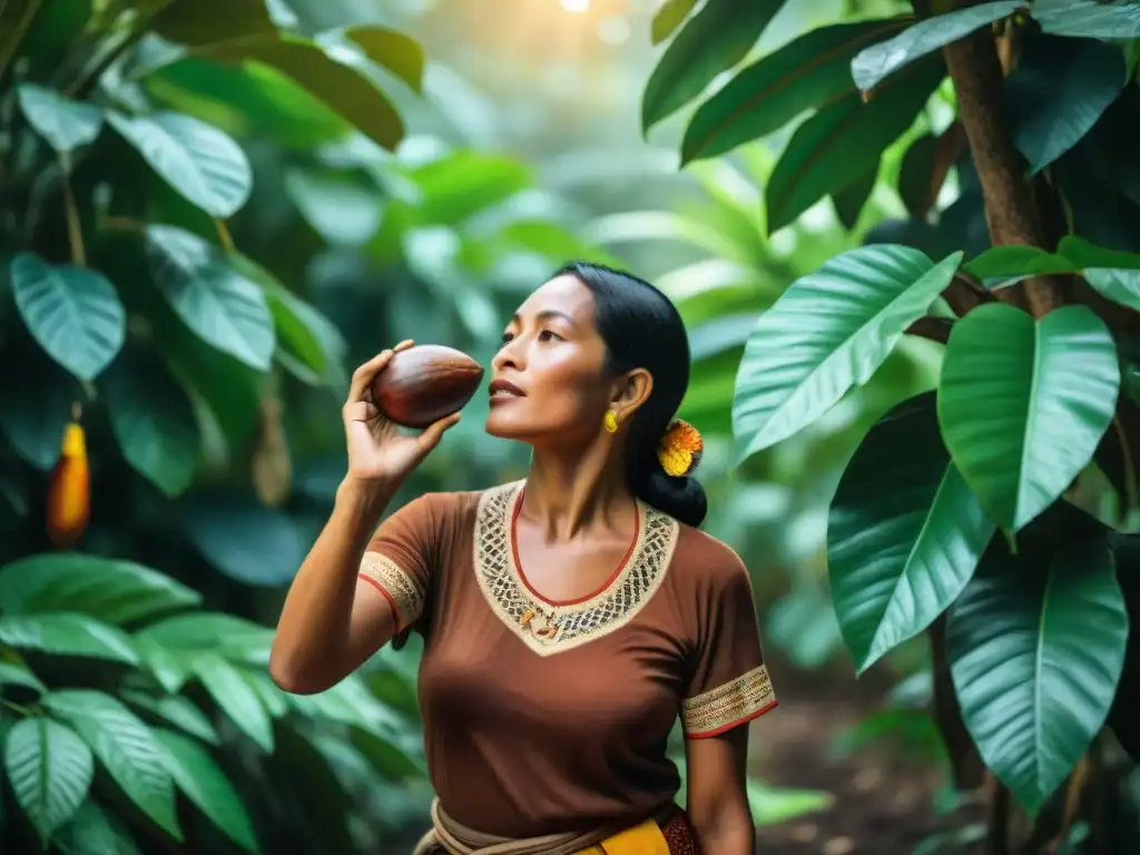 Una mujer Maya en una plantación de cacao, cosechando con cuidado bajo el sol dorado filtrado por la selva